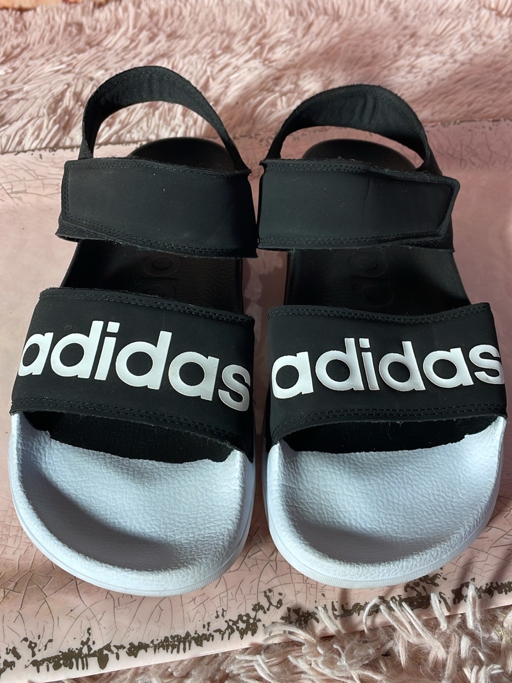 adidas Black and White Kids Logo Strap Sandals